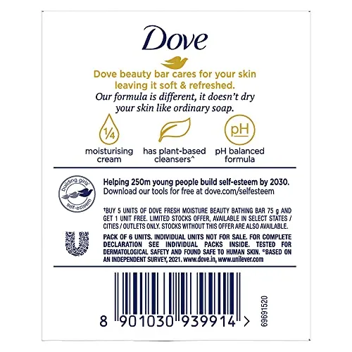 Dove Fresh Moisture Beauty Bathing Bar Makes Skin Soft & Refreshed, 450g (Pack Of 6)