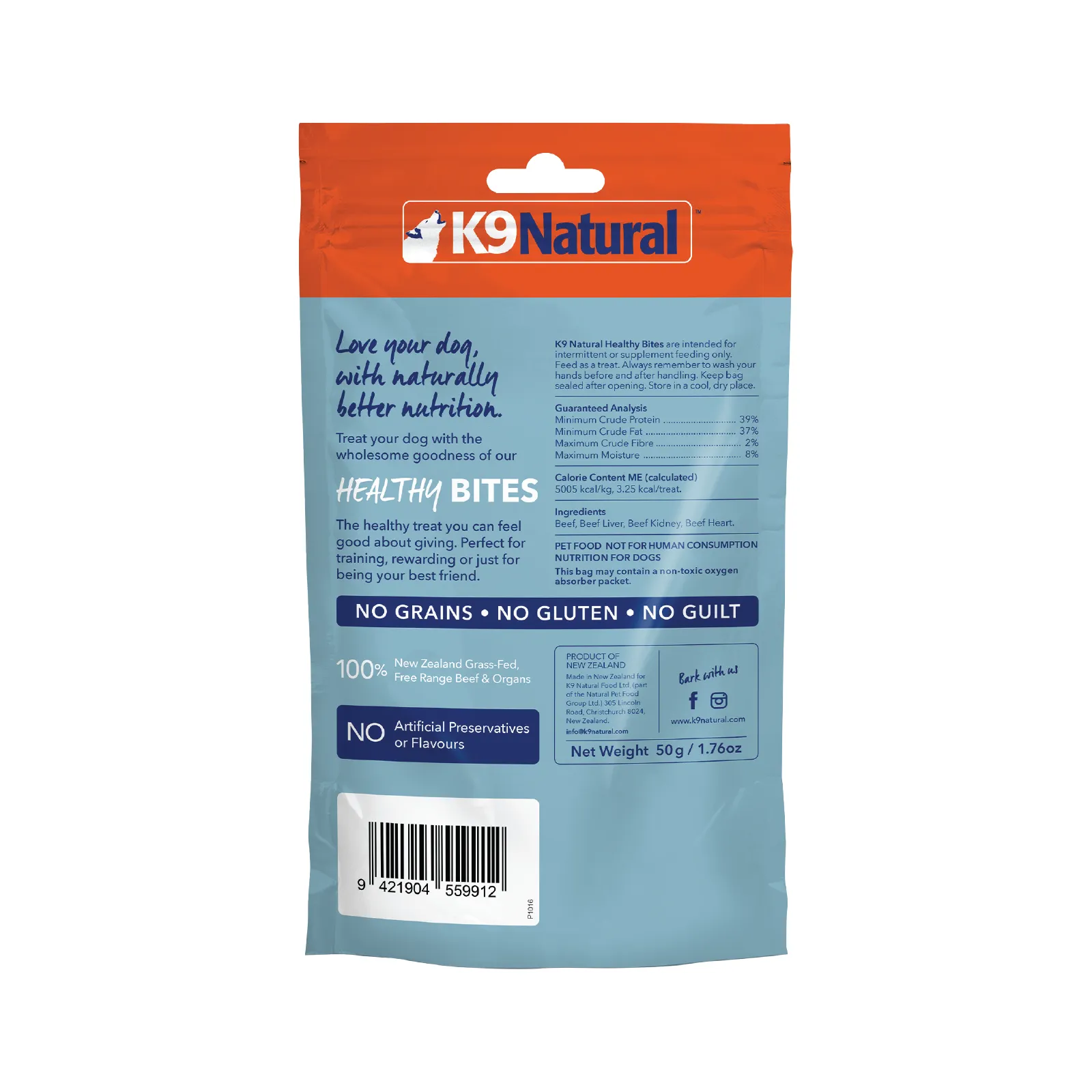 K9 Natural Grain Free Freeze Dried Dog Treats Beef Bites 50g