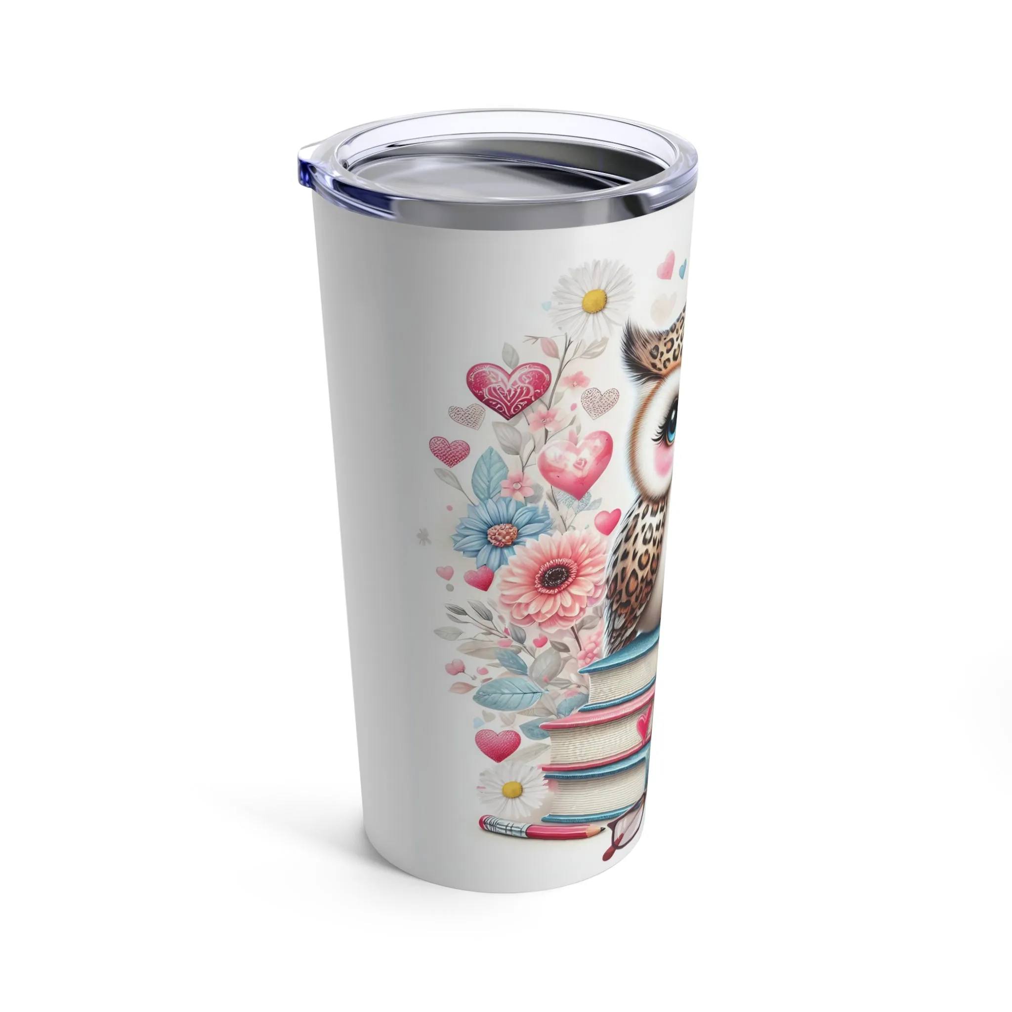 Owl sitting on a stack of books Teacher Design 20 oz Stainless Steel Tumbler, Travel Tumbler, Teacher Coffee Tumbler, Teacher Tumbler Gift