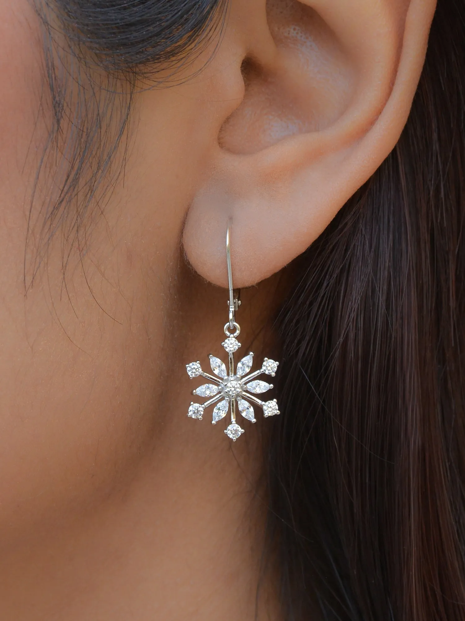 Snowflake American Diamond Silver Ear Danglers For Girls