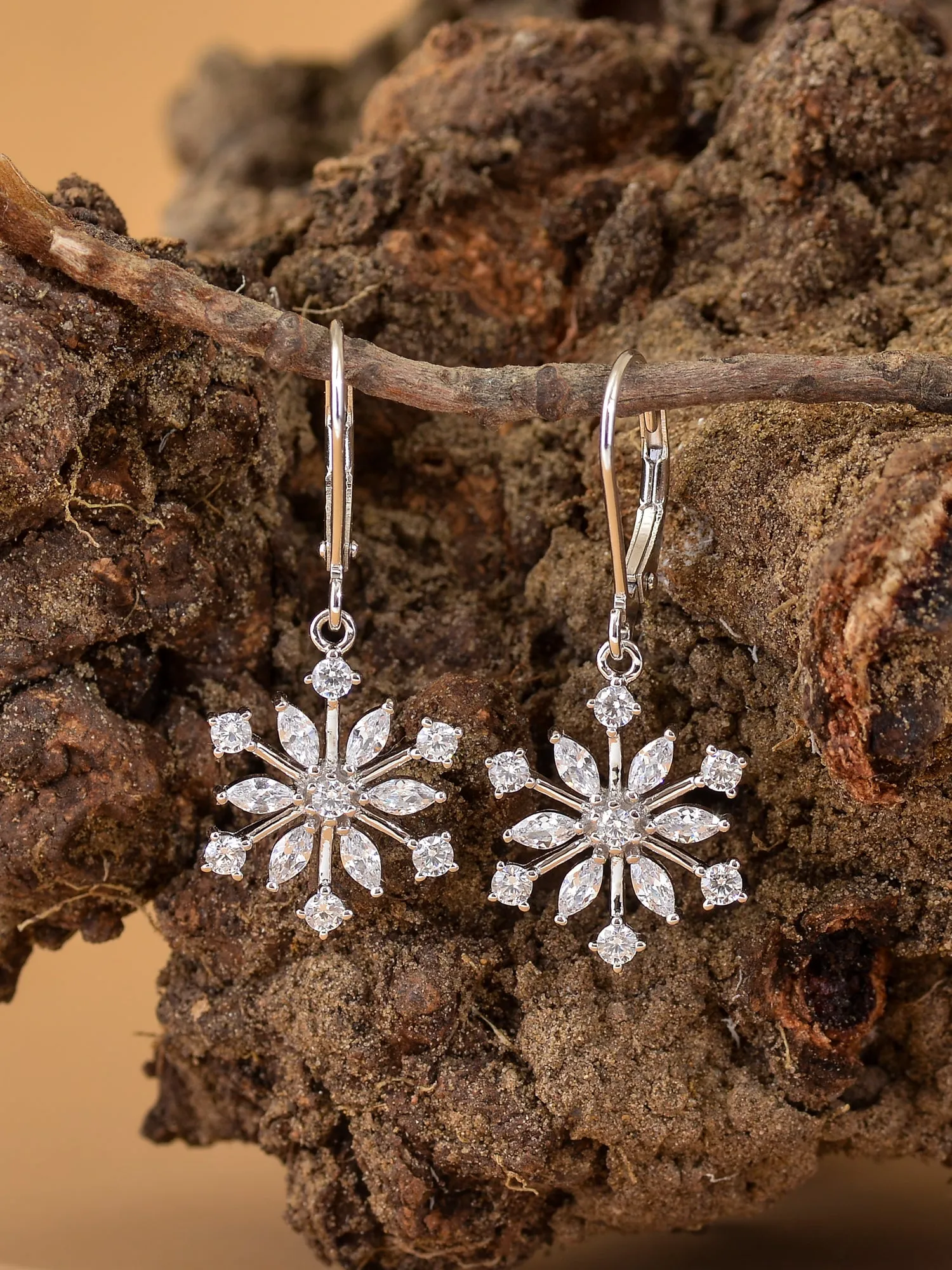 Snowflake American Diamond Silver Ear Danglers For Girls