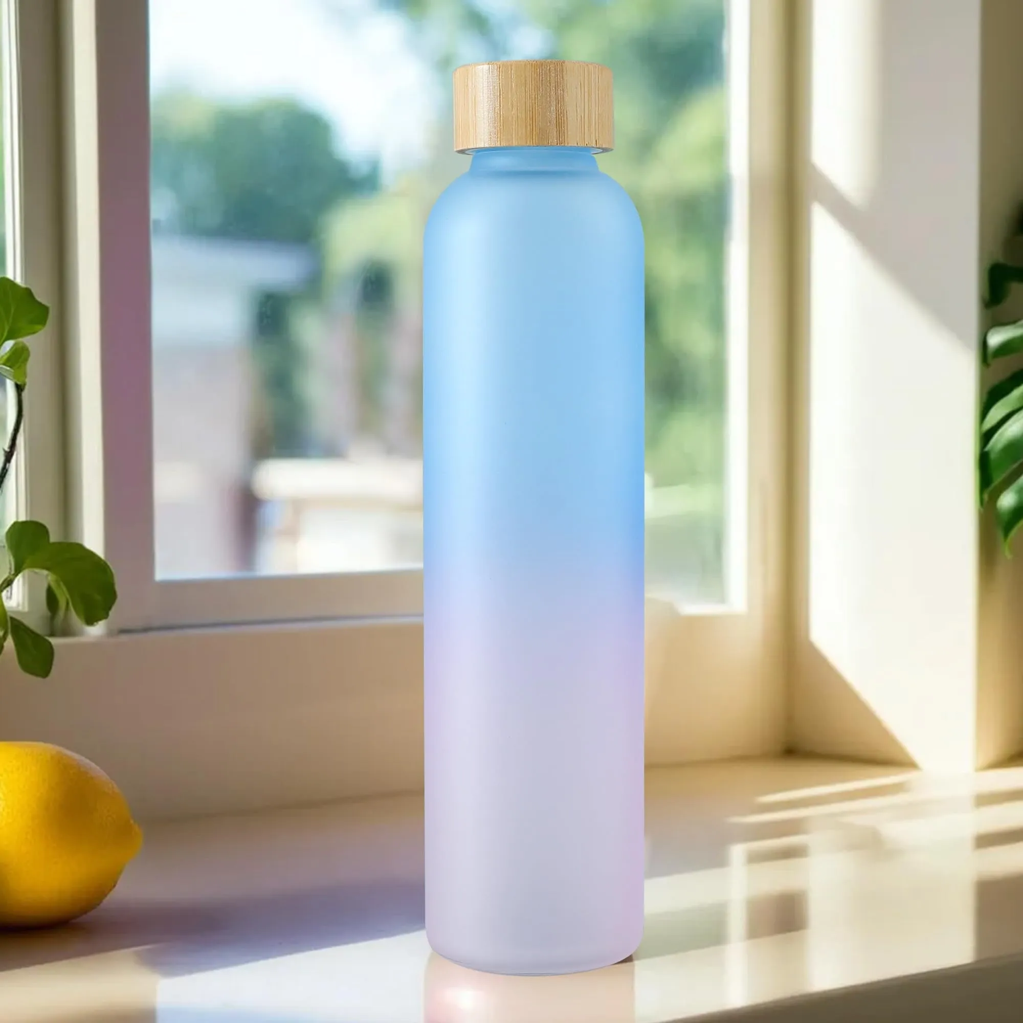 The Better Home Borosilicate Glass Water Bottle with Sleeve (500ml) | Bamboo Lid | Fridge Water Bottles for Men, Women (Blue-Pink)