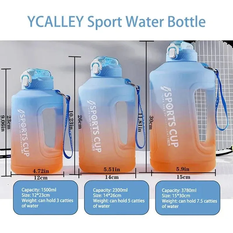 YCALLEY Sport 2l Water Bottle Reminder Silicone Sith Straw Waterbottle Fitness Big Bottles 1500ML / 2300ML / 3800ML 2 liter